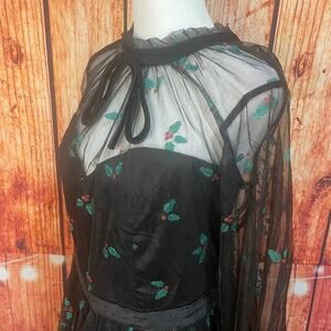 NWT Unique Vintage Holiday Dress Size 1X/16 Party Mistletoe Long Sleeve Mesh